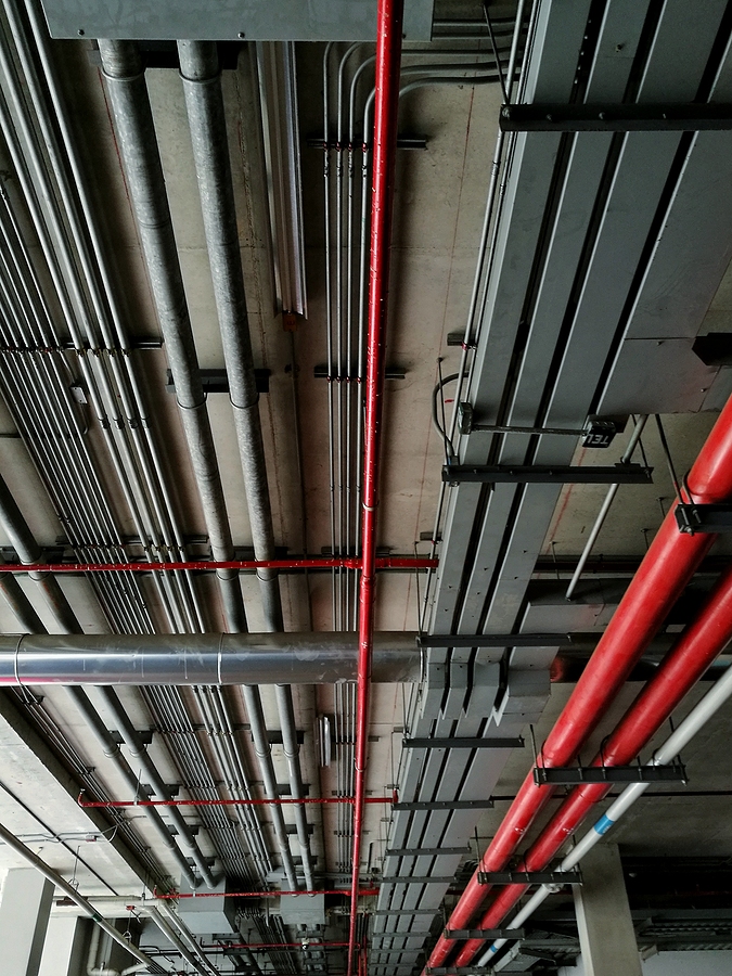 electrical system in building, cable wiring. Mechanical engineering pipe. Electrical line.